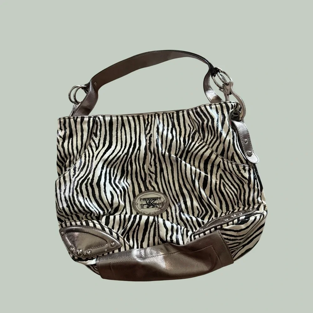 Kathy Van Zeeland Zebra Print Hobo Bag Metallic Pewter Trim Y2K Animal Print